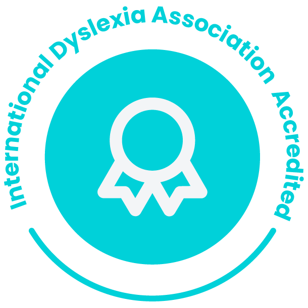 graphic with a badge icon and text reading International Dyslexia Association+ Accredited 
